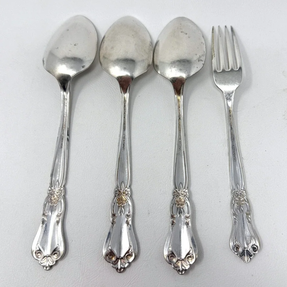 Oneida Valley Rose Serving‎ 4 Pcs 3 Spoons Dinner Fork Silverplate Flatware READ